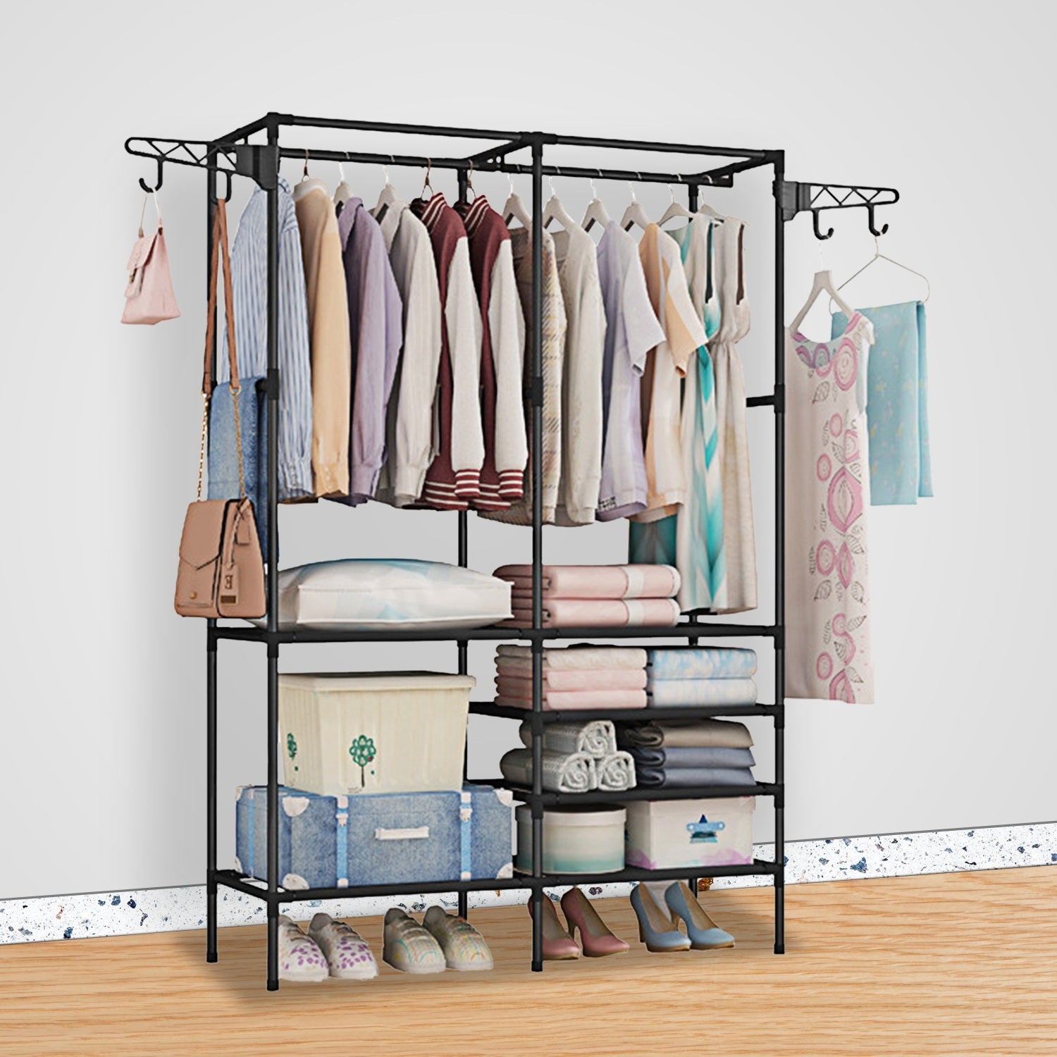 Metal Garment Rack - Freestanding Clothes Organizer with Shoe Shelves
