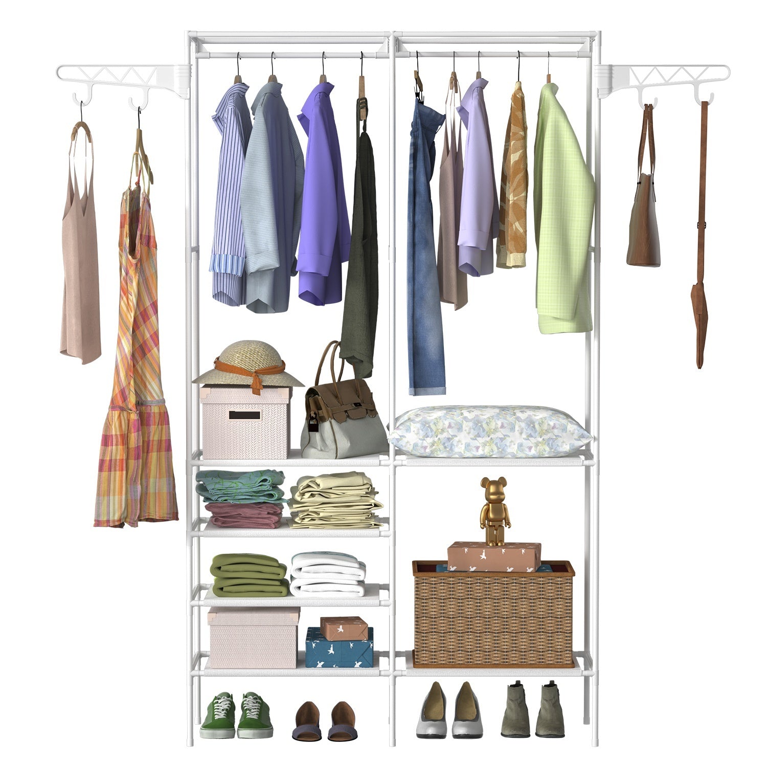 Metal Garment Rack - Freestanding Clothes Organizer with Shoe Shelves