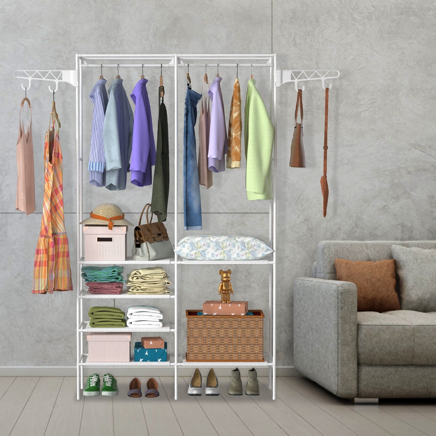 Metal Garment Rack - Freestanding Clothes Organizer with Shoe Shelves
