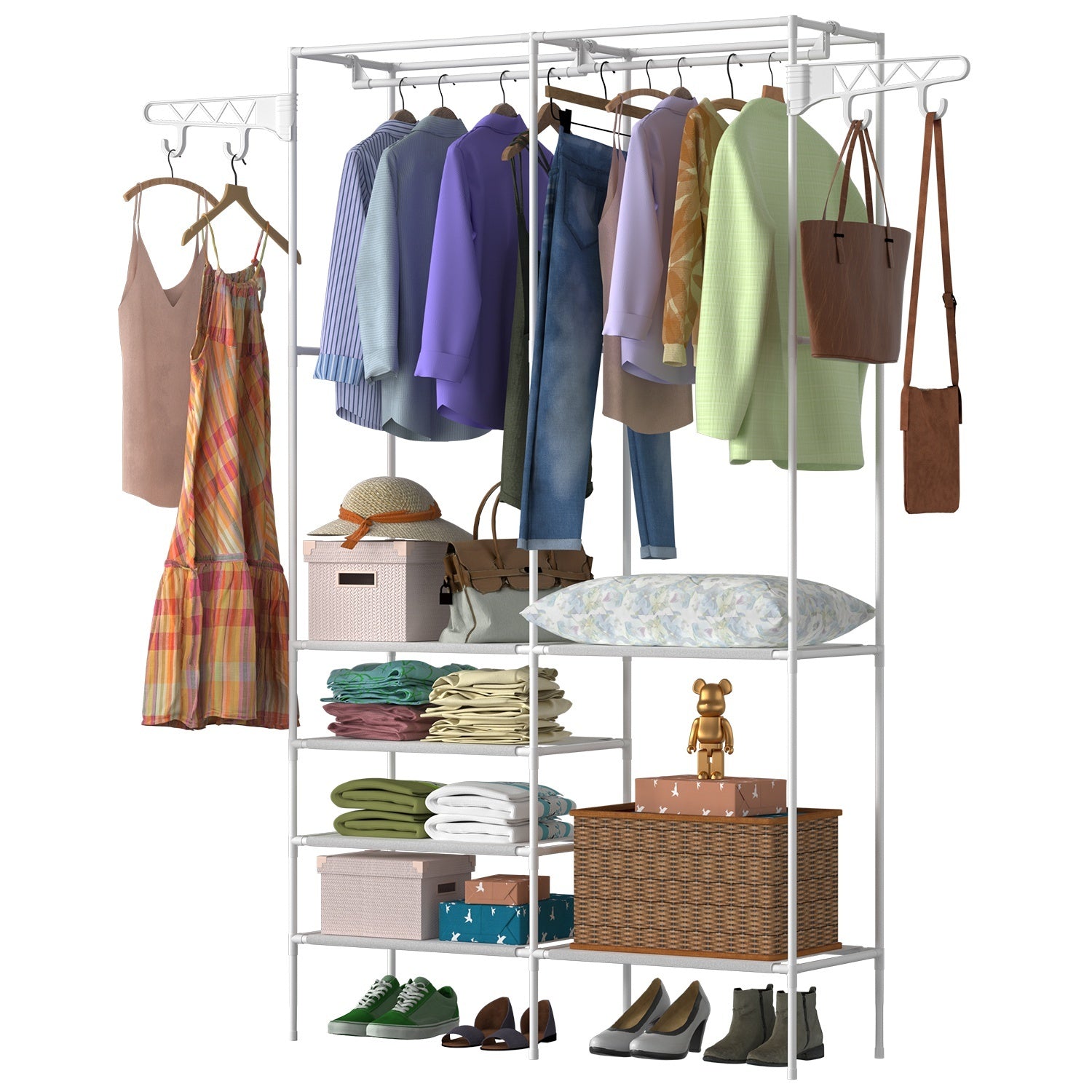 Metal Garment Rack - Freestanding Clothes Organizer with Shoe Shelves