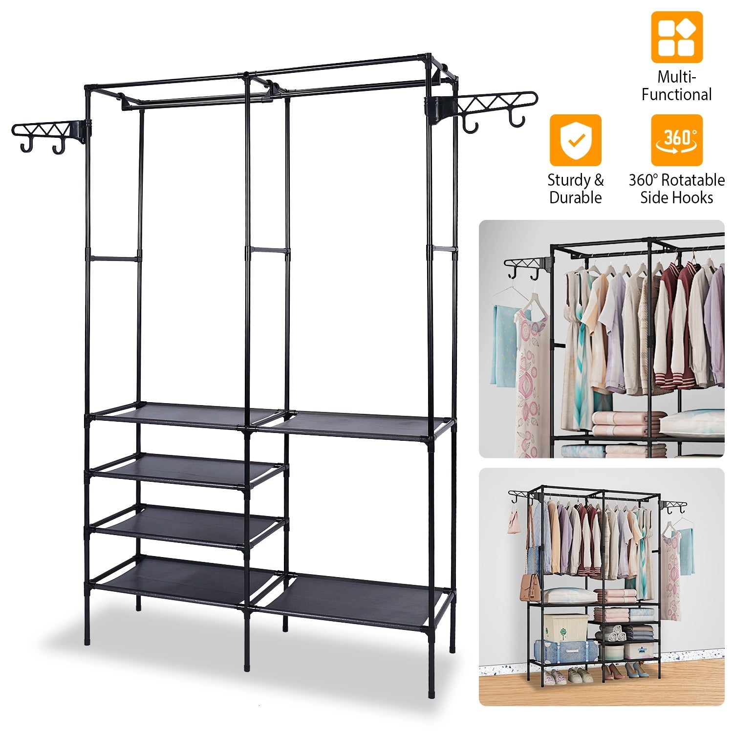 Metal Garment Rack - Freestanding Clothes Organizer with Shoe Shelves