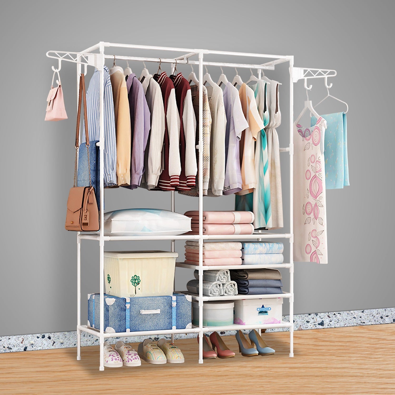 Metal Garment Rack - Freestanding Clothes Organizer with Shoe Shelves