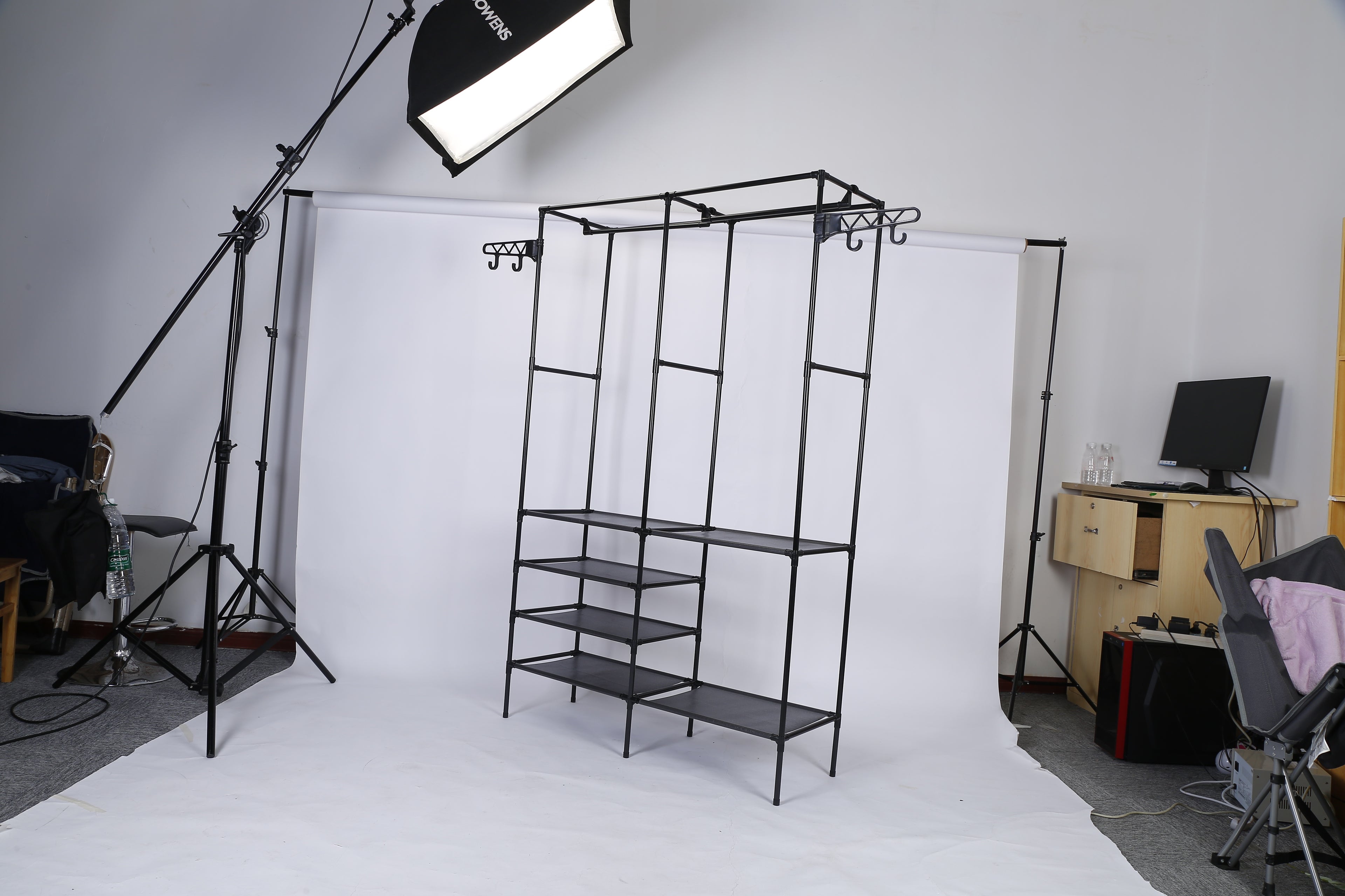 Metal Garment Rack - Freestanding Clothes Organizer with Shoe Shelves